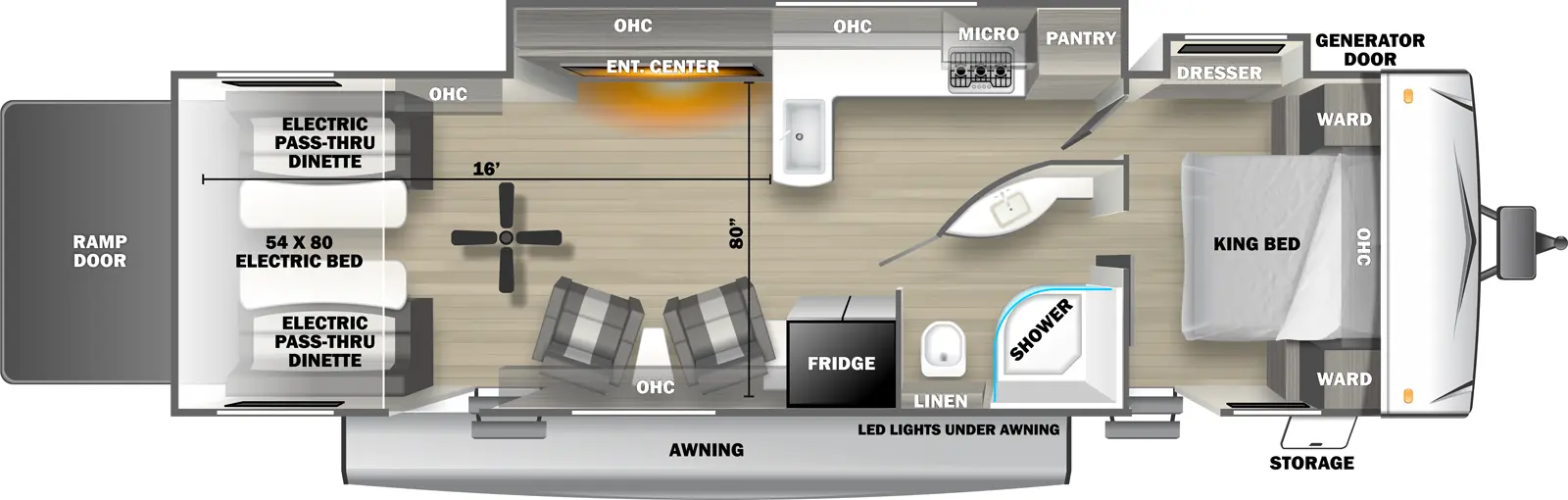 The 3030SRT travel trailer has 2 slideouts on the off-door side, 2 entry doors and 1 rear ramp door. Exterior features include an awning with LED lights, front door side storage and front off-door side generator door. Interior layout from front to back includes: front bedroom with foot-facing King bed, shelf over the bed, front corner wardrobes, off-door side slideout holding a dresser and door side entry door to outside; door side pass through bathroom with radius shower, toilet, and curved wall vanity; off-door side slideout holding L-shaped kitchen countertop with front facing sink, overhead cabinet, overhead microwave, stovetop and pantry and entertainment center with overhead cabinet; door side refrigerator; 2 door side recliners with end table; ceiling fan over cargo area; and rear 54 x 80 electric bed over electric pass-through dinette. Cargo length from rear of unit to kitchen countertop is 16 ft. Cargo width from entertainment center to door side wall is 80 inches.